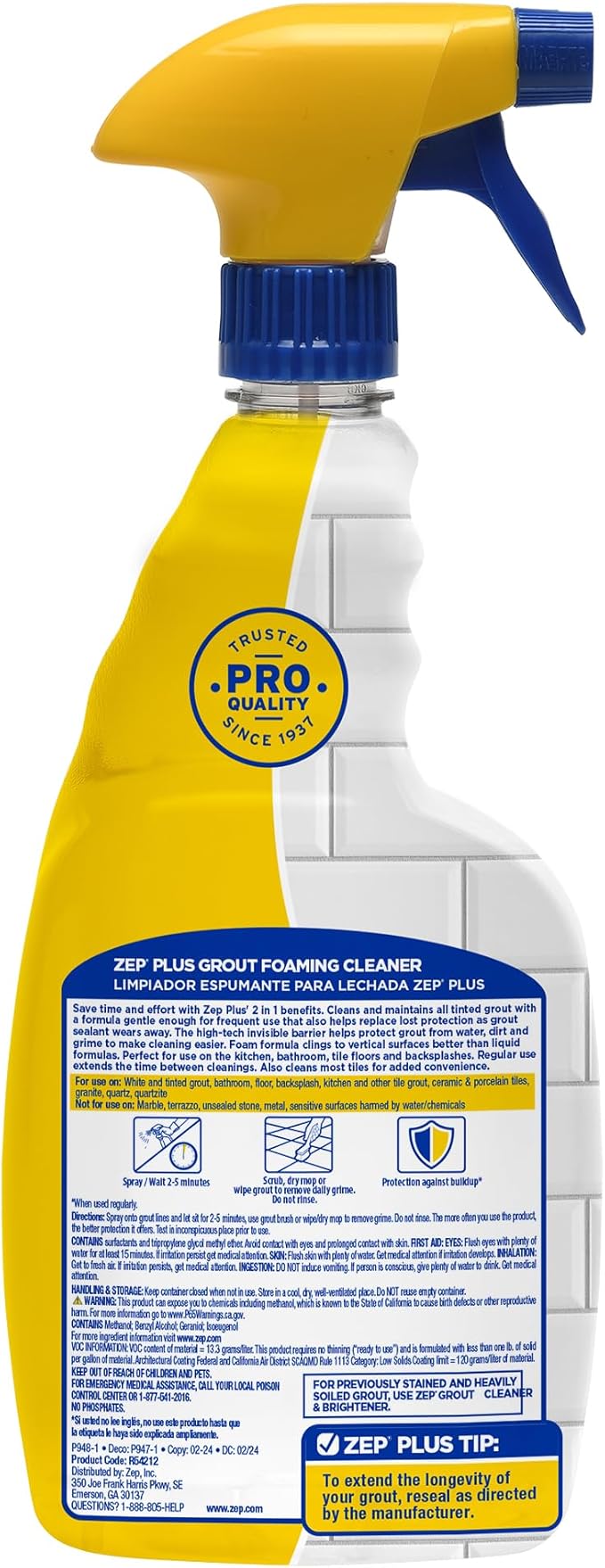 Zep Plus Grout Foaming Cleaner - 32 Fl OZ - R54212-2-in-1 benefits clean while protecting grout from water,dirt and grime,(Pack of 2)
