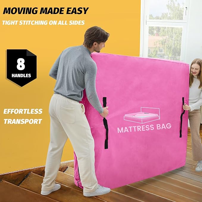 Mattress Bags for Moving and Storage, BETU Queen Mattress Protector Waterproof Mattress Cover with 8 Heavy Duty Handles and Zipper Extra Thick Moving Supplies for Bed Reusable (82x62x13.5 Pink)