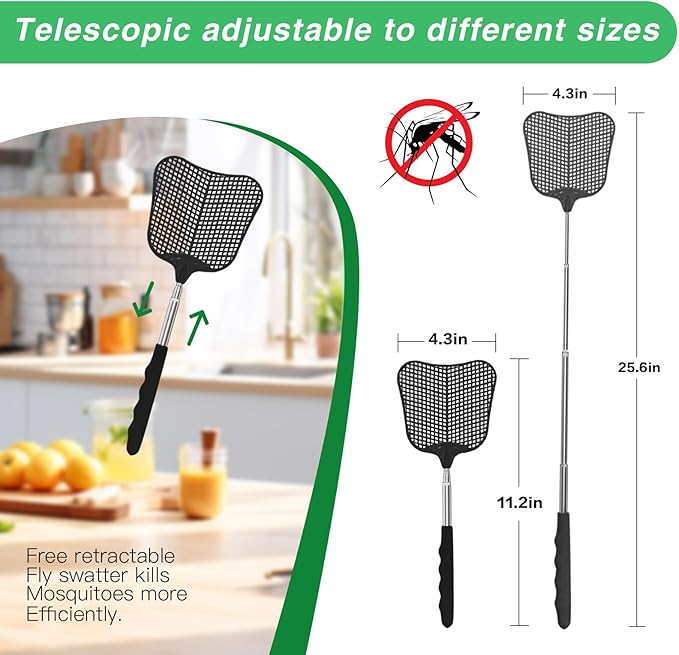 MysticHome Fly Swatter 2 Pack, Durable Heavy Duty Plastic Fly Swatters, Stainless Steel Telescopic FlySwatter for Indoors/Outdoor/Kitchen/Garden (Black+Black)