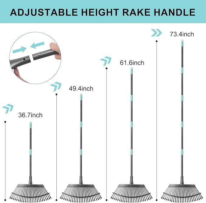KeFanta Garden Leaf Rake ,18.5" Wide Heavy Duty Leaf Rake with 25 Metal Tines, Leaves Rakes with 6FT Adjustable Handle for Yard Lawn Shrub Garden Leaves