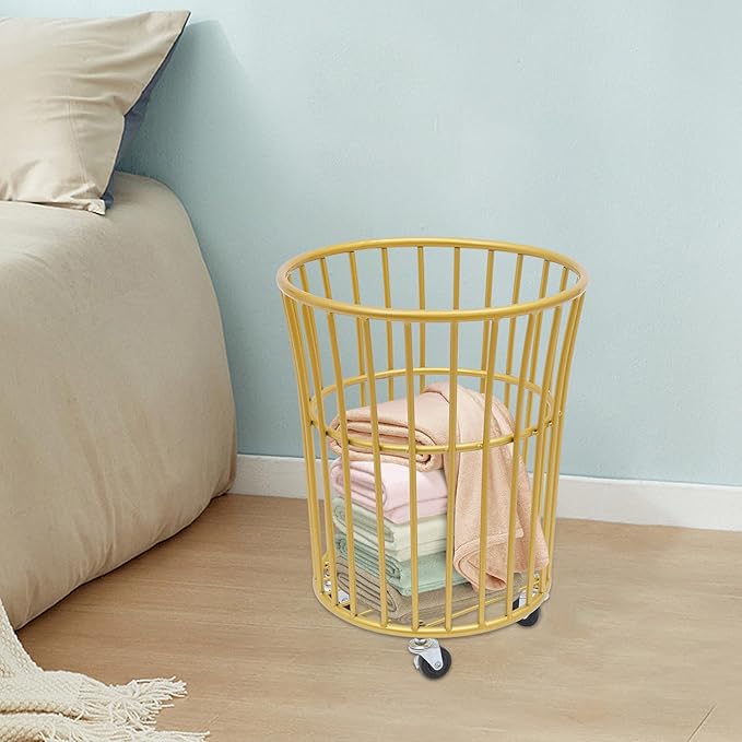 Household Storage Basket, 360° Rolling Movable Laundry Basket,Floor-Standing White Multi-layer Clothes Organizer for Kitchen,living Room and Bathroom (Metal Gold)