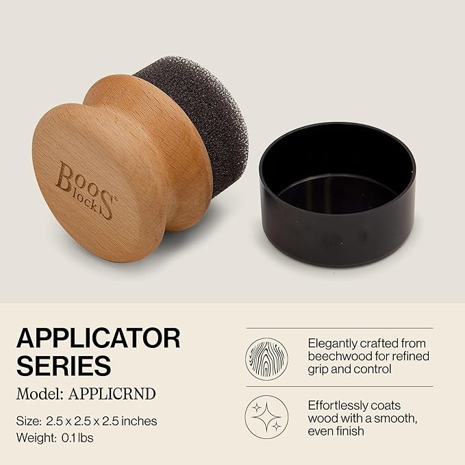 John Boos Oil & Cream Round Applicator for Wood Cutting Boards, Butcher Blocks & Utensils, Beechwood - Solid Hardwood Handle, Silver Ion-Treated Sponge, Storage Cap, Easy and Even Application
