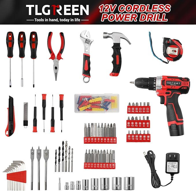 TLGREEN Complete Home Tool Kit with 12V Cordless Drill & Magnetic Bits | 138Pcs All-in-One Set for DIY, Repairs & Assembly | Durable Case & Fast Charging | Ideal for New Homeowners | Red
