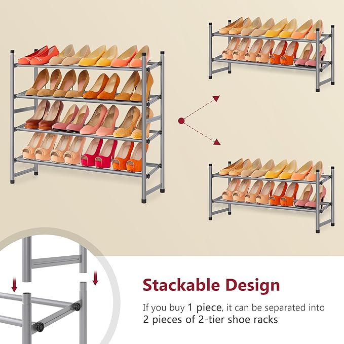 Tajsoon Expandable Shoe Rack for Closet 4 Tier, 29“-41“Adjustable & Stackable Shoe Shelf Storage, Metal Shoe Rack Organizer for Front Door Entrance, Closet, Garage, Entryway, Grey