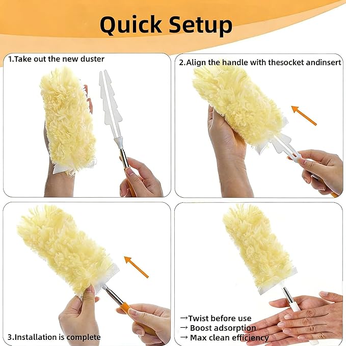 Heavy Duty Duster Refills, Disposable Dusters Kit for Cleaning Dusting Furniture Blind Ceiling Fan, Multi Surface 360 Feather Duster(10)+3FT Extended Handle（1） (Yellow)