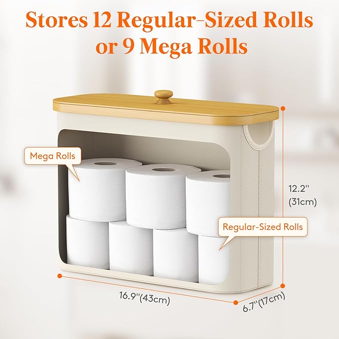 Lifewit Toilet Paper Storage Holder for 9 to 12 Rolls, Free Standing Toilet Paper Basket Stand with Bamboo Lid, Collapsible Fabric Bathroom Organizer Box for Mega Rolls, 23L, Large, White
