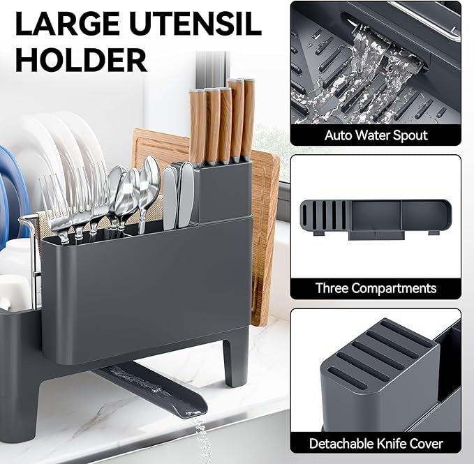 Urackify Expandable Dish Drying Rack, Stainless Steel Dish Rack with Aluminum Frame, Dish Drainer for Kitchen Counter, Space Saving Kitchen Drying Rack with Movable Utensil Holder, Gray