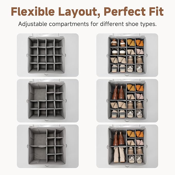 StorageWorks Shoe Organizer for Closet, Fits up to 16 Pairs, Shoe Cubby Storage Containers with Adjustable Dividers and Clear Cover, Grey
