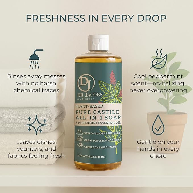 Dr. Jacobs Naturals Peppermint Castile All-in-One Cleaner and Soap - Plant-Based Formula for House Cleaning Floors and Appliances - Gentle on Skin and the Planet - 32 oz, 1 Pack