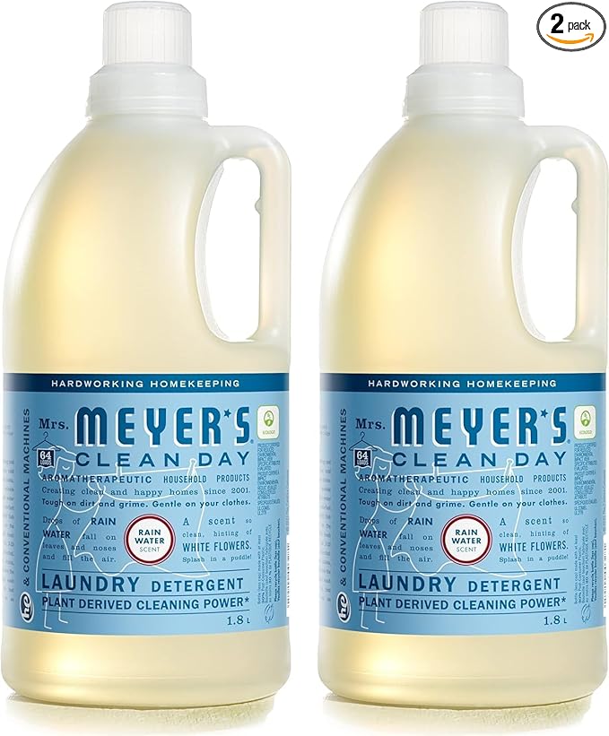 MRS. MEYER'S CLEAN DAY Liquid Laundry Detergent, Infused with Essential Oils, Rain Water, 64 oz - Pack of 2 (128 Loads)