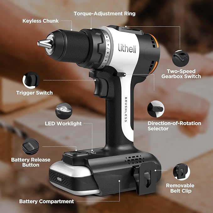Litheli 20V Cordless Drill Driver, Brushless Power Drill with 2 Variable Speed, 1/2 Inch Keyless Chuck, Electric Drill, 17+1 Clutch Settings with Maximum Torque of 530 In-lbs