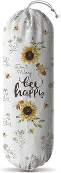 Hglian Kitchen Grocery Bag Holder,Bee Happy Plastic Bags Organizer Shopping Trash Bags Storage,Cute Bee Sunflower Farmhouse Home Décor
