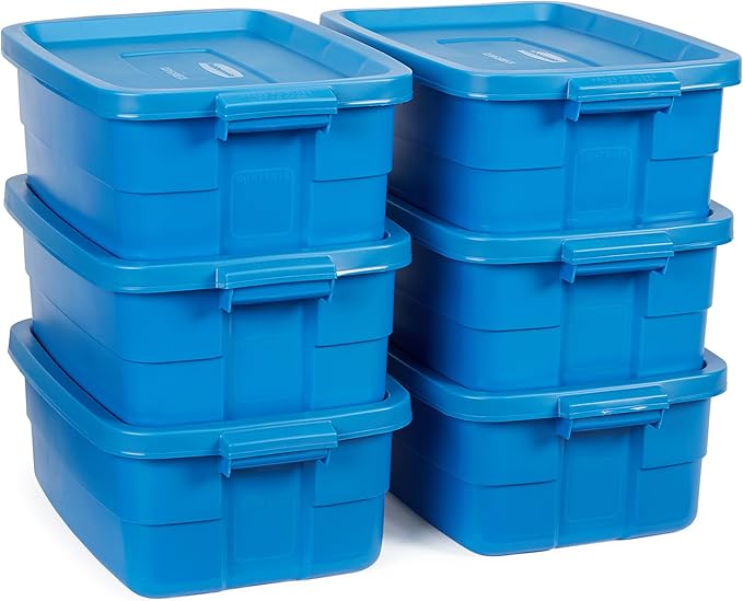Rubbermaid Roughneck Tote 10 Gal, 6 Pack, Made in USA, Heritage Blue, Rugged Plastic Stackable Storage Bins with Lids and Handles