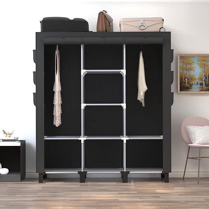 Portable Wardrobe with 10 Storage Racks and 2 Hanging Poles 6 Side Pockets Fleece Cover, Size 130 x 45 x 172 cm, Bedroom Closet Organizer Black