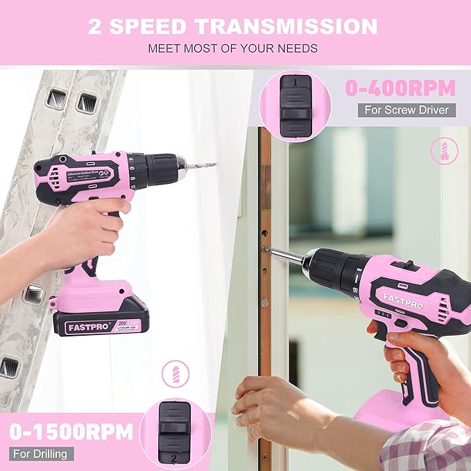 FASTPRO Pink Tool set -220-Piece Lady's Home Repairing Tool Kit & 20V Pink Cordless Lithium-ion Drill Driver
