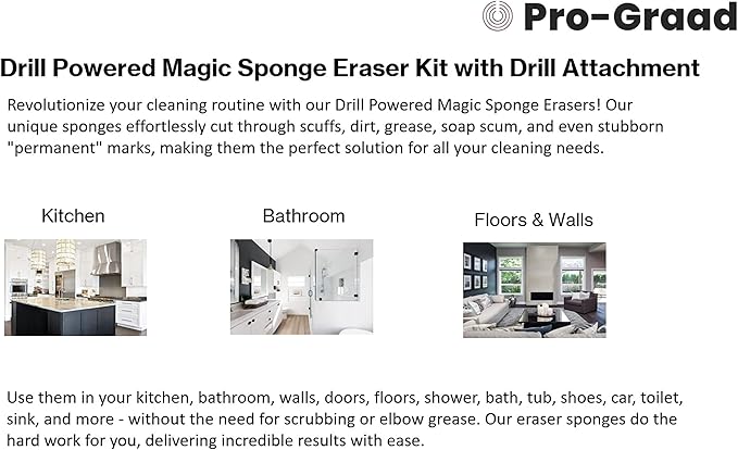 4.5” Drill Powered Magic Sponge Eraser 6 Pieces Kit with Drill Attachment | 25% Thicker Ultra Durable Melamine Cleaning Eraser Pads for Bathroom Kitchen Floors Walls Baseboards Crayon Marker and More