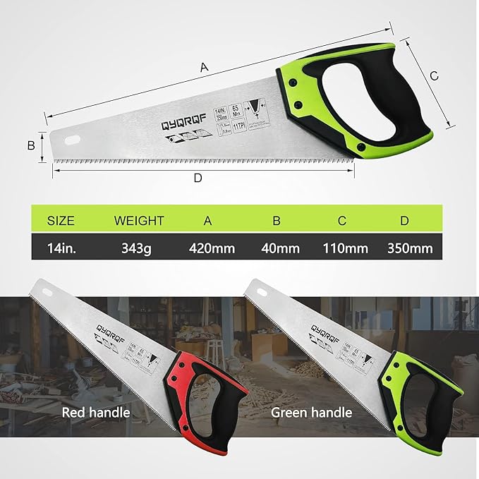 14 in. Pro Hand Saw, 11 TPI Fine-Cut Soft-Grip Hardpoint Handsaw Perfect for Sawing, Trimming, Gardening, Cutting Wood, Drywall, Plastic Pipes, Sharp Blade, Ergonomic Non-Slip Handle (red)