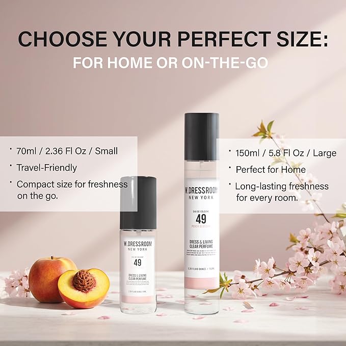 W.Dressroom No.49 Peach Blossom Living Clear Perfume, Body Mist, Long-Lasting Unisex, Alcohol-Free Water-Based, Spray on Skin, Clothes, Bedding & Car, Travel Size 5.28 oz