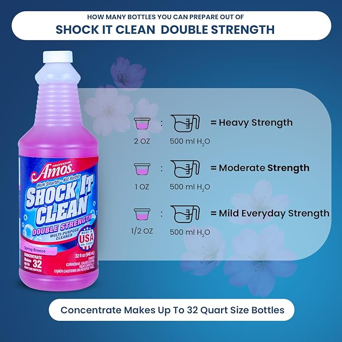 Professor Amos Shock It Clean MultiPurpose Cleaner Double Strength Concentrate All Purpose Carpet, Jewelry, Upholstery, Leather, Stain Remover & Floor Cleaner (Spring Breeze 32 Oz)