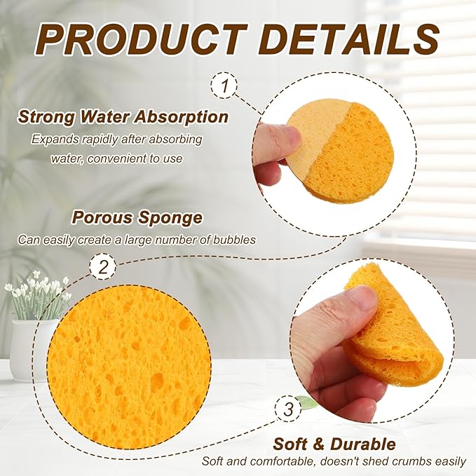 uxcell 10Pcs Cellulose Sponges, Round Kitchen Clean Sponges Non-Scratch Compressed Dish Scrubber for Kitchen Household Cookware Bathroom Cleaning & DIY, Beige