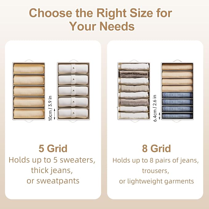 3 Pack Large Wardrobe Clothes Organizer and Storage, Fabric Sweater Organizer for Closet with Handles 5 Grids Foldable Drawer Dividers for Pants, Jeans, T-shirts, 20.8"×11.2"×7.5"