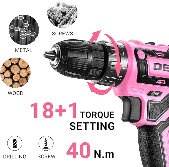 Power Drill Cordless: DEKOPRO'S Pink Cordless Drill 20V Electric Power Drill Set Tool for Women Drills with Battery and Charger 20 Volt Drills Driver Kit