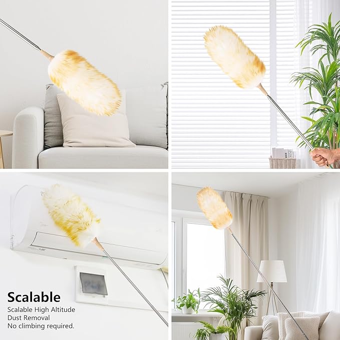 Lambswool Extendable Duster, 32-98 Inch Anti-Static Flexible Head Stainless Steel Pole for High Ceilings, Fans, Interior & Roof Dusting(one Pack)