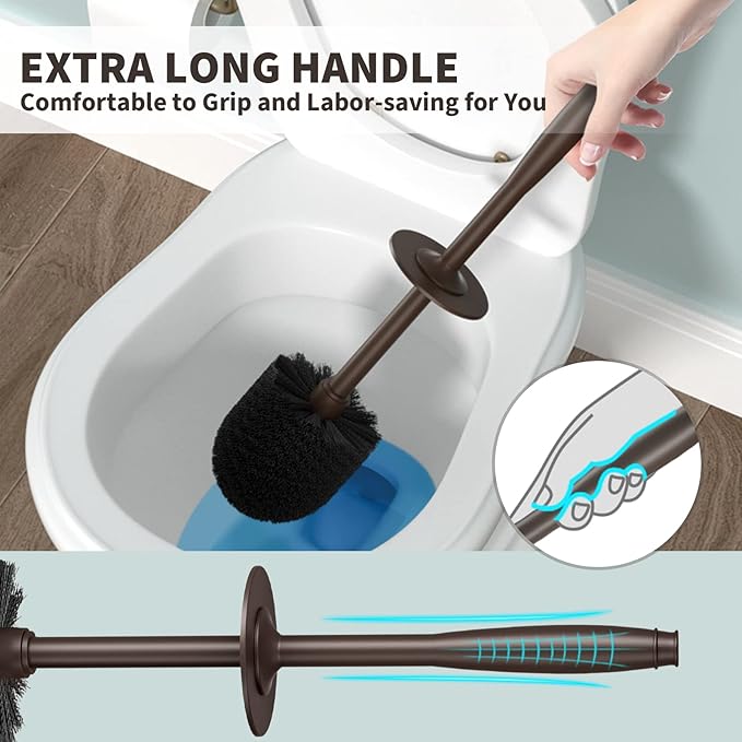 UPTRONIC Toilet Brush, Toilet Bowl Brush with Extra Long Handle Durable Bristles Toilet Scrubber and Covered Holder for Toilet Brush Set for Bathroom Cleaning (Brown, 1 Set)