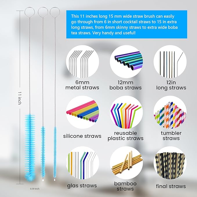 5 Pack Bottle Brush, Straw Cleaner Brush & Water Bottle Brush,15in Stainless Steel Brush, 3 Straw Brushes, 3-in-1 Bottle Cleaning Brush for Water Bottle, Coffee Mugs, Straws-Blue