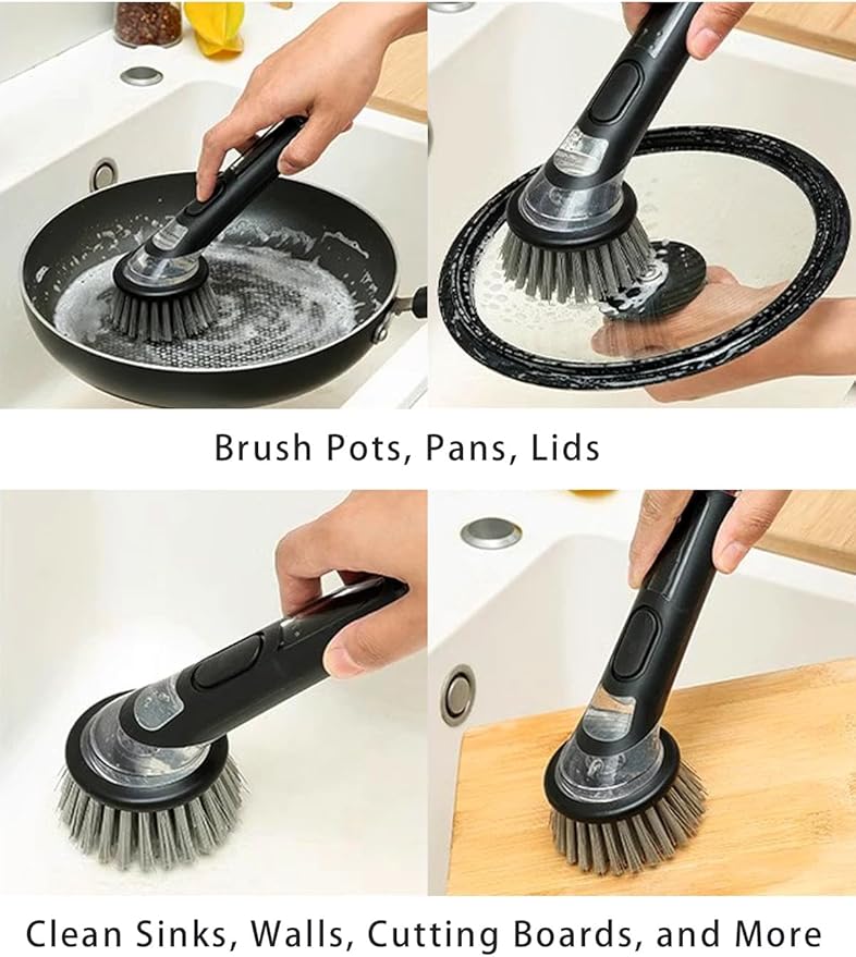 Kitchen Cleaning Brush with Soap Dispenser Handle - Multifunctional Brush Head Replacemen for Pans, Pots, Kitchen Sink, 4 in 1 Household Cleaning Tool for Home and Apartment Must Haves