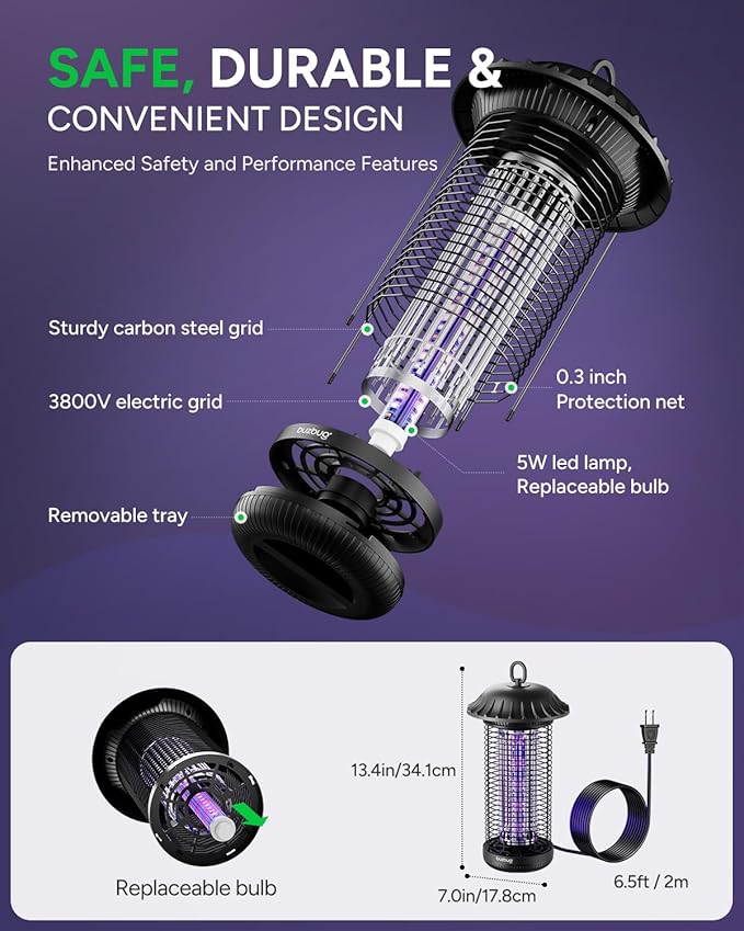 Buzbug LED Bug Zapper Indoor Outdoor, Up to 50,000 Hrs Lifespan Lamps, 6.5ft Power Cord, IPX4 Waterproof, High-Voltage, Mosquito Zapper, Fly Trap Mosquito Trap, Fly Killer Fly Zapper -MO008C