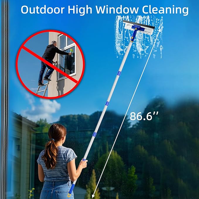 ITTAHO 86.6" Window Squeegee Cleaner,2 in 1 Window Cleaning Tool Kit,Shower Squeegee with Extension Pole，Glass Cleaning Tools for Shower Glass,Indoor/Outdoor High Window Cleaning-Two Pads