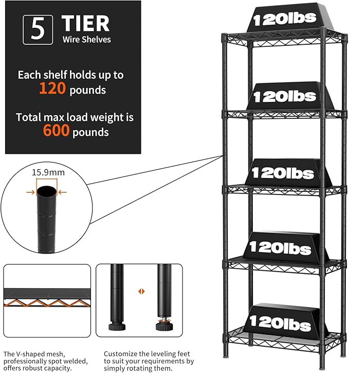 Golpart Small 5 tire Shelves Storage Wire Shelving Unit Metal Shelf Adjustable Organizers Storage Shelving for Bathroom Laundry Room Kitchen Pantry10”D x 16”W x 55”H Black