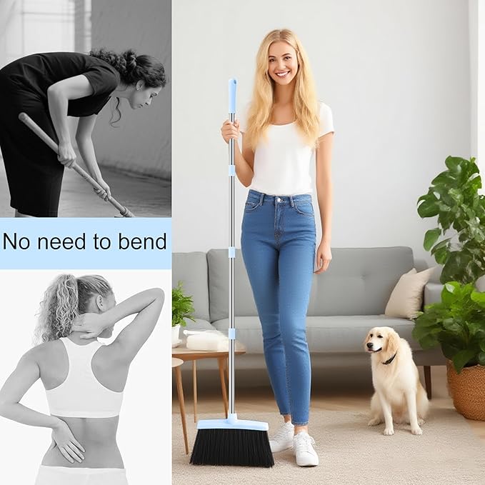 Broom and Dustpan Set House Brooms for Sweeping Indoor Collapsible Broom and Dust Pan Combo for Home Office Kitchen Lobby Floor Pet Hair (Small-Blue)