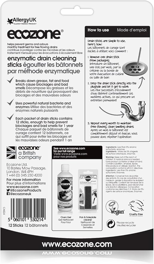 ECOZONE Enzymatic Drain Cleaning Sticks, 12 CT