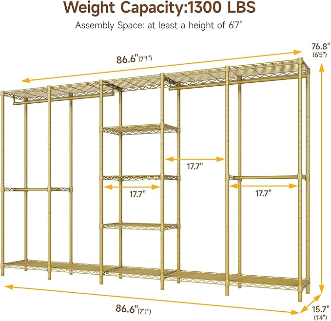ONBRILL F5 Extra Large Industrial Pipe Clothing Rack, Freestanding Portable Closet Organizer System with Shelves & Hanging Rods, 88.6'' Wide Heavt Duty Clothes Rack, Max Load 1300lbs, Gold