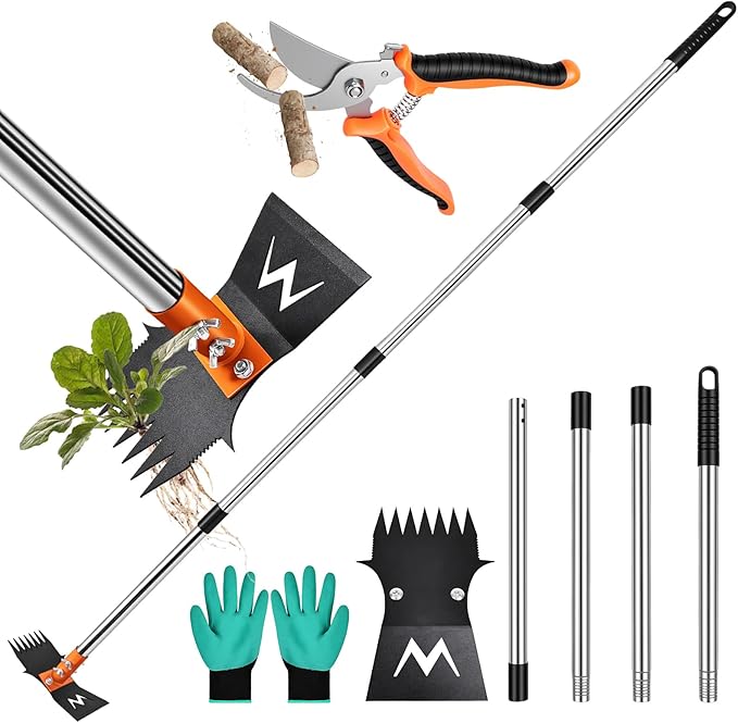 3-in-1 Weed Puller Tool Set with 60" Adjustable Long Handle, Manual Weeder Rake, Garden Hoe & Pruning Shears | Heavy Duty Stainless Steel for Vegetable Gardening, Lawn, Backyard & Farm