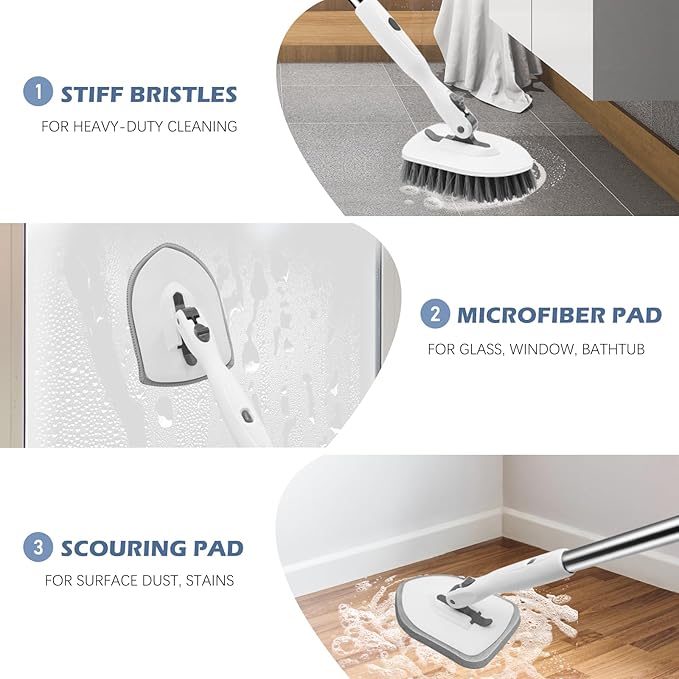 SetSail Floor Scrub Brush, 3-in-1 Tile Tub Floor Scrubber with 52-inch Adjustable Long Handle Shower Cleaner Brush and 3 Detachable Replacement Brush Heads for Cleaning Bathroom Tub Tile, White Grey