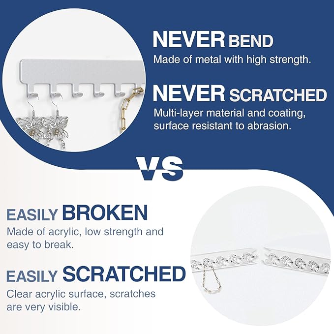 Necklace Holder Wall Organizer - Jewelry Hanging Hooks for Necklaces, Bracelets, Earrings - Easy Stick-On Installation - Space-Saving Metal Design, Silver