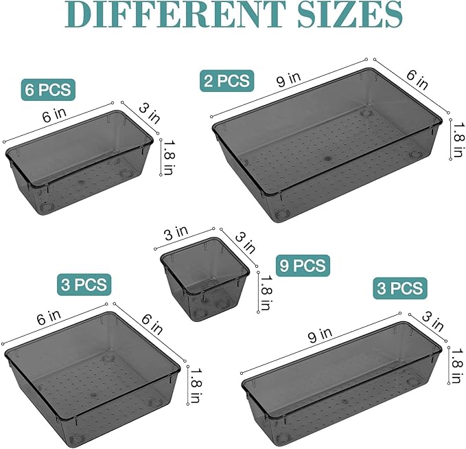 StorMiracle 23 PCS Drawer Organizer Set, 5 Varied Size Bathroom and kitchen Drawer cabinet organizer Trays, Clear Storage Bins for Makeup, Jewelry, Utensils and Gadgets, Black