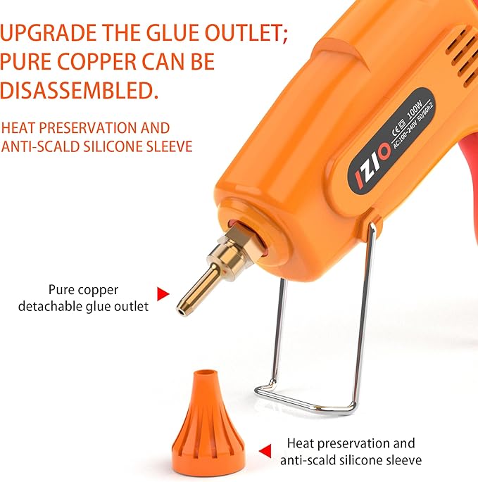 IZIO 100W Professional Hot Glue Gun Kit - Fast Heating, Non-Drip, Anti-Scald Nozzle, Safe & Ergonomic Grip, Includes 21 Glue Sticks (7/16") and Storage Bag - Full Size, Orange