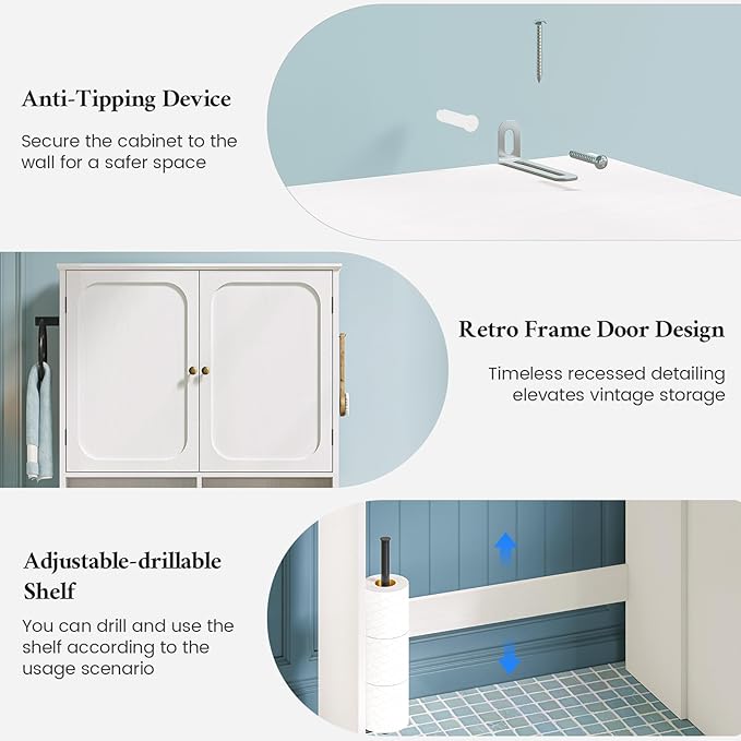 Over the Toilet Storage Cabinet with Mobile Bathroom Storage Cabinet & 3 Adjustable Shelves, Bathroom Storage Cabinet Over Toilet with 4 Section Drawers for Bathroom and Laundry Room, White