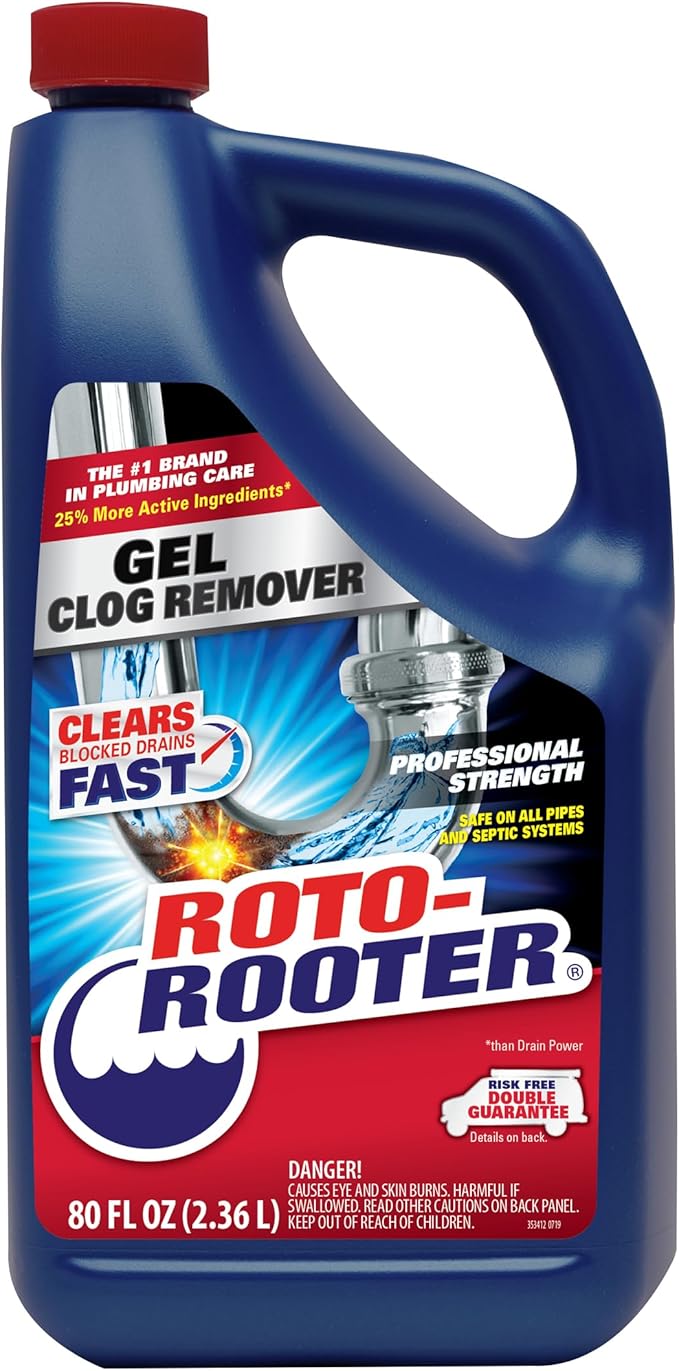Roto-Rooter Gel Clog Remover Drain Cleaner, Thick Gel Helps Clear Slow Drains and Break Down Hair, Grease and Soap Buildup, Suitable for Pipes, Toilets, Showers and Sinks, 80 oz