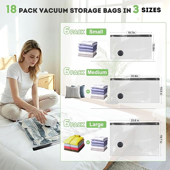 Mapambo Vacuum Storage Bags with -60000Pa USB Pump, 18 Pack Vacuum Seal Bags for Clothing Travel in 3 Sizes, Travel Vacuum Bags with Pump, Saving up to 80% of Luggage Space (18 Combo Size)