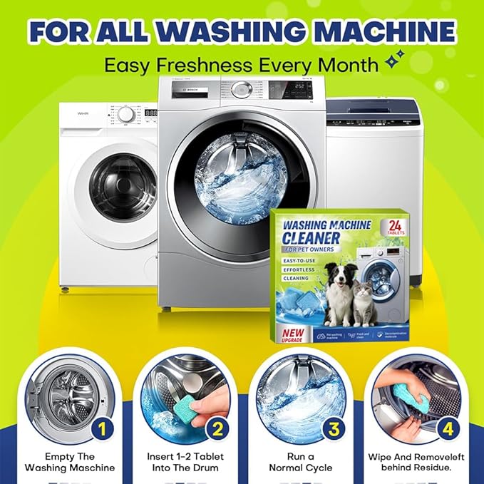 Washing Machine Cleaner Tablets for Pet Owners - Easily Removes Cat & Dog Hair, Urine, Odor,Residue,Front & Top Load Washer Machine Cleaner Deep Cleaning, Septic Safe, 24 Pack (12 Month Supply)