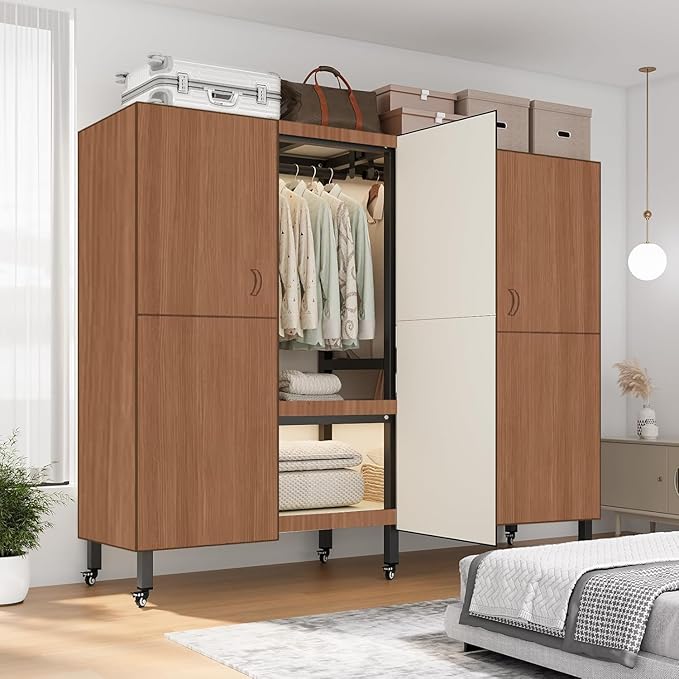 Heavy Duty Covered Clothes Rack with Magnetic Door Foldable Portable Wardrobe Closet for Hanging Clothing Rolling Black Metal Garment Rack on Wheels Closet System (Dragon Sandalwood, 70.89in)