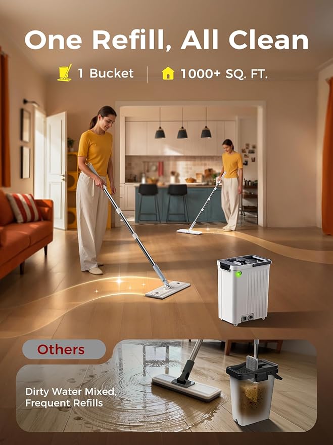 Mop and Bucket Set | Auto-Spray Cleaning | Dirty Water Separation Keep Water Fresh | Flat Mop & Bucket with Scraper | 3X Washable Pads | Mops for Floor Cleaning All Floors Tile Wall Window