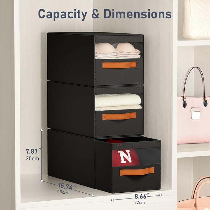 DIMJ Closet Organizers and Storage - Fabric Bins with Drawers for Closet Foldable Clothes Organizers with Clear Window, Stackable Storage Drawers Units for Hat, 6-Pack, Black