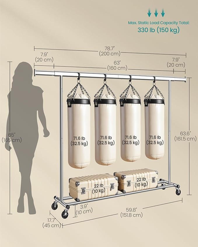 SONGMICS Cabideiro com Rodas, Suporte Resistente para Roupas, Arara Portátil com Barra Extensível, Capacidade de Carga 150 kg, Prata BRHSR175E01