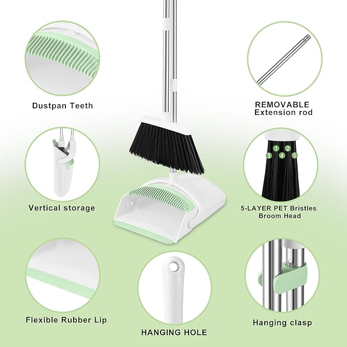 Broom with Dustpan Combo Set for Home 54-in Long Adjustable Handle Angle Broom and Dustpan Set with Dustpan Comb Teeth for Sweeping Pet Hair Food Dirt Kitchen